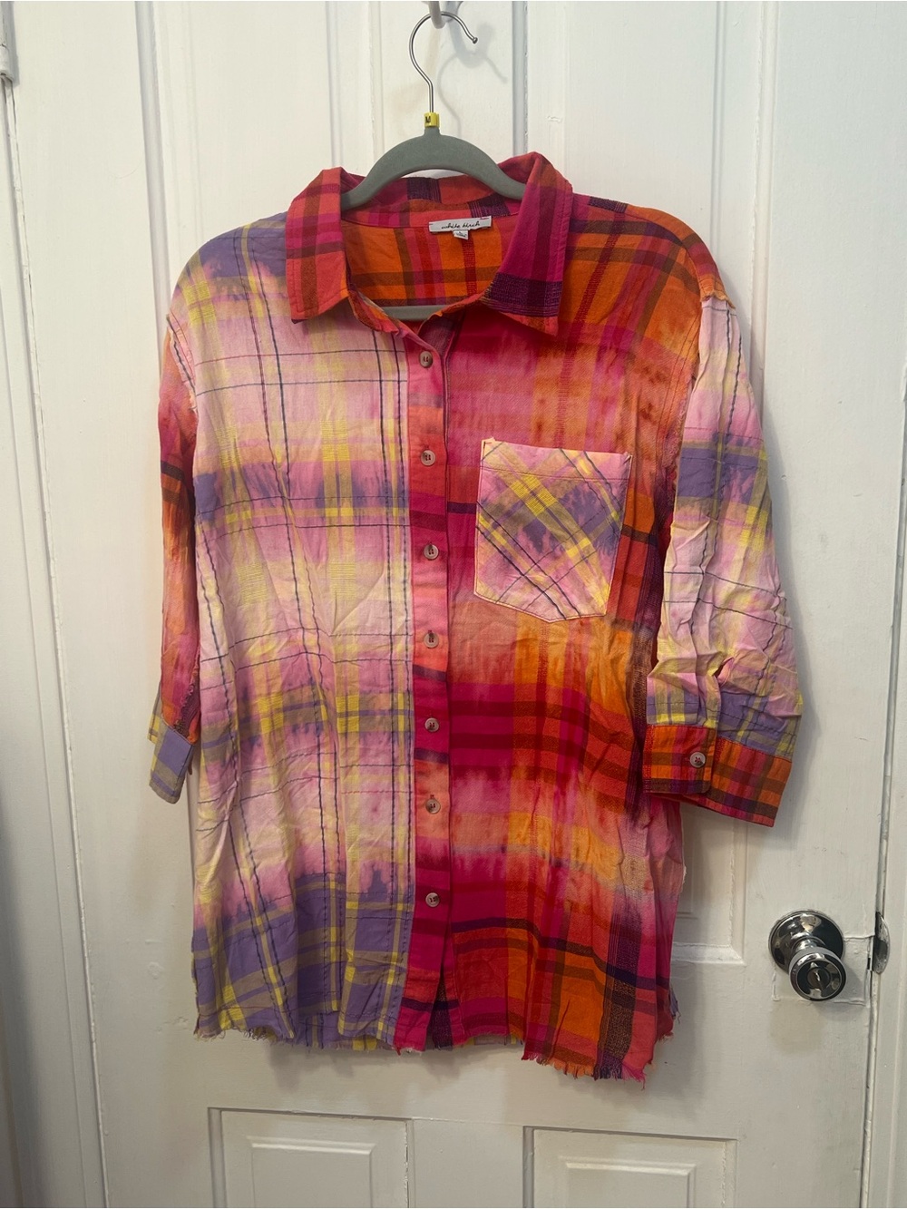 White Birch Women’s Linen Blend Colorful Plaid Button Up Top New